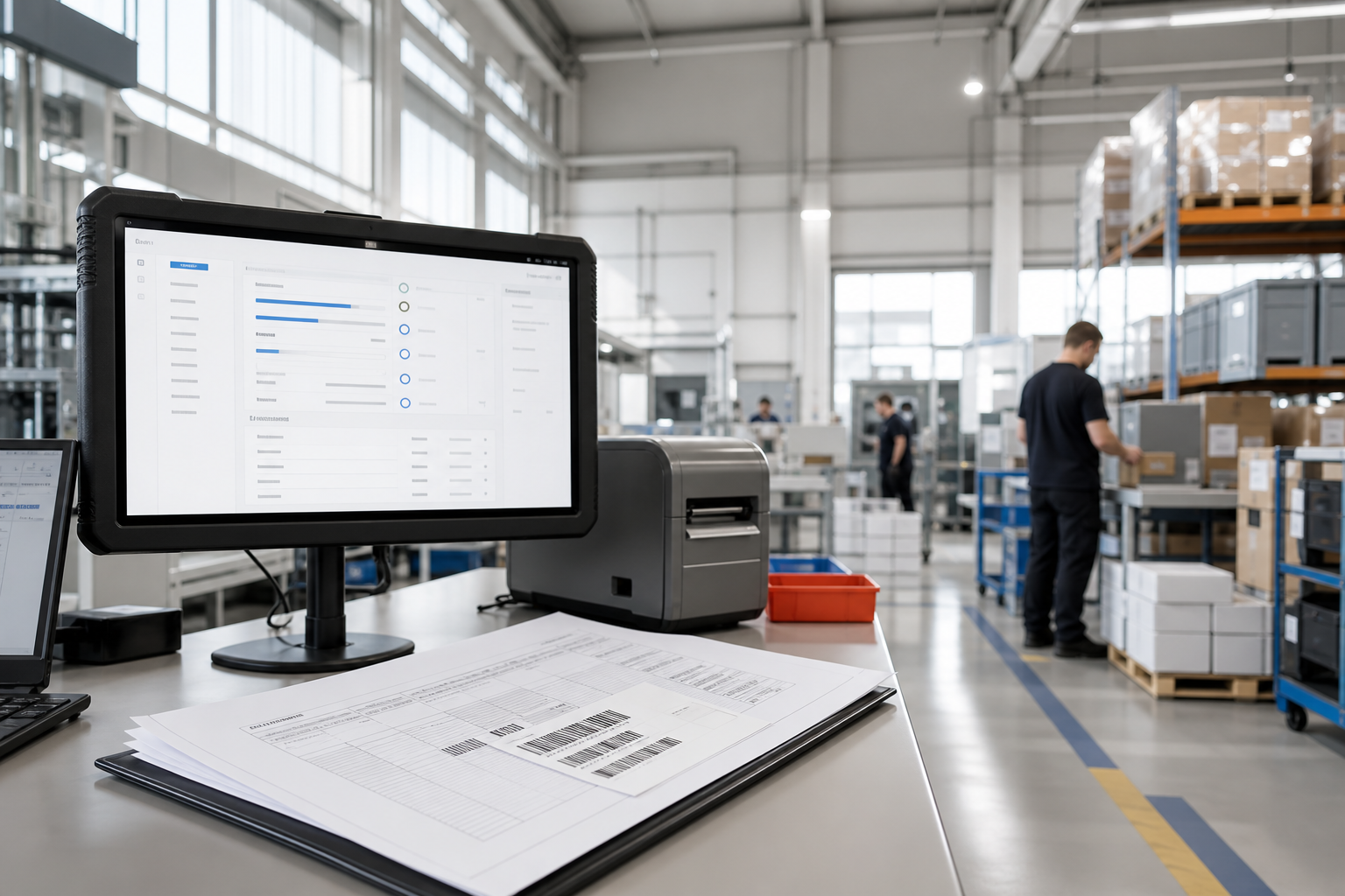 Produktionshalle mit einem P2Pilot Prozessstatus auf dem Arbeitsplatzmonitor