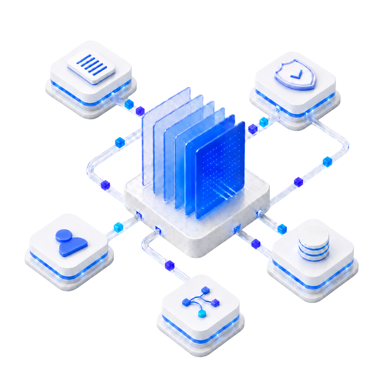Isometrischer P2Pilot Workflow mit verbundenen Dokument-, Sicherheits-, Benutzer- und Datenmodulen
